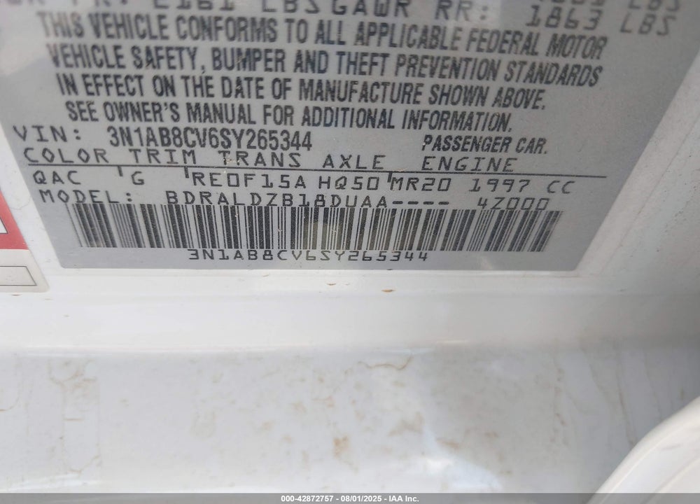 2025 NISSAN SENTRA SV VIN: 3N1AB8CV6SY265344