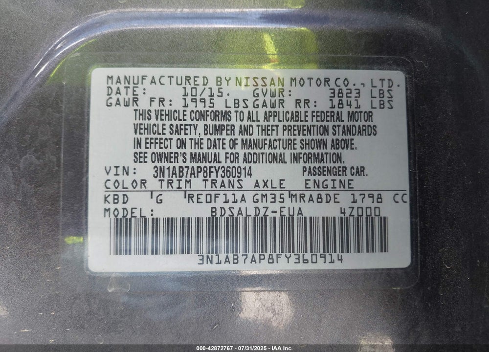 2015 NISSAN SENTRA VIN: 3N1AB7AP8FY360914