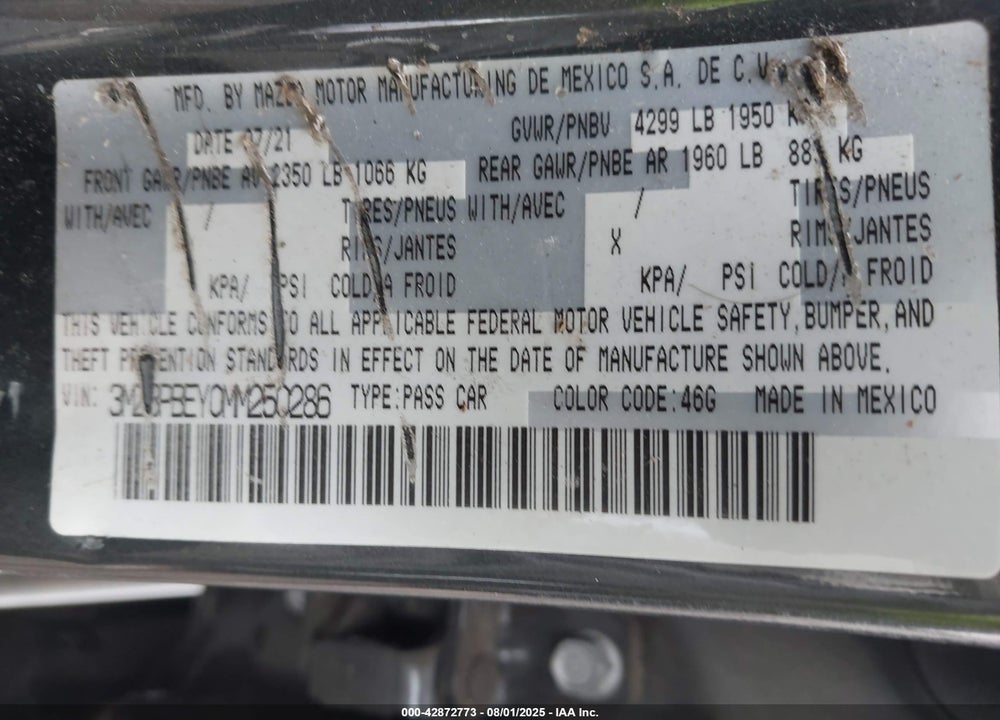 2021 MAZDA 3 VIN: 3MZBPBEY0MM250286