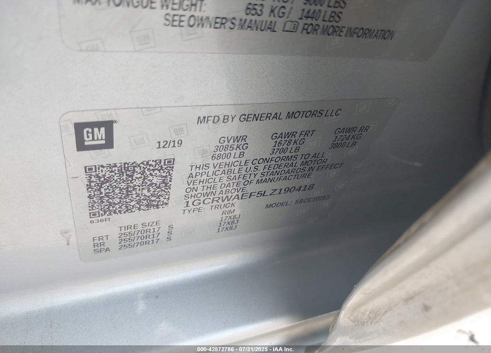 2020 CHEVROLET SILVERADO 1500 VIN: 1GCRWAEF5LZ190418