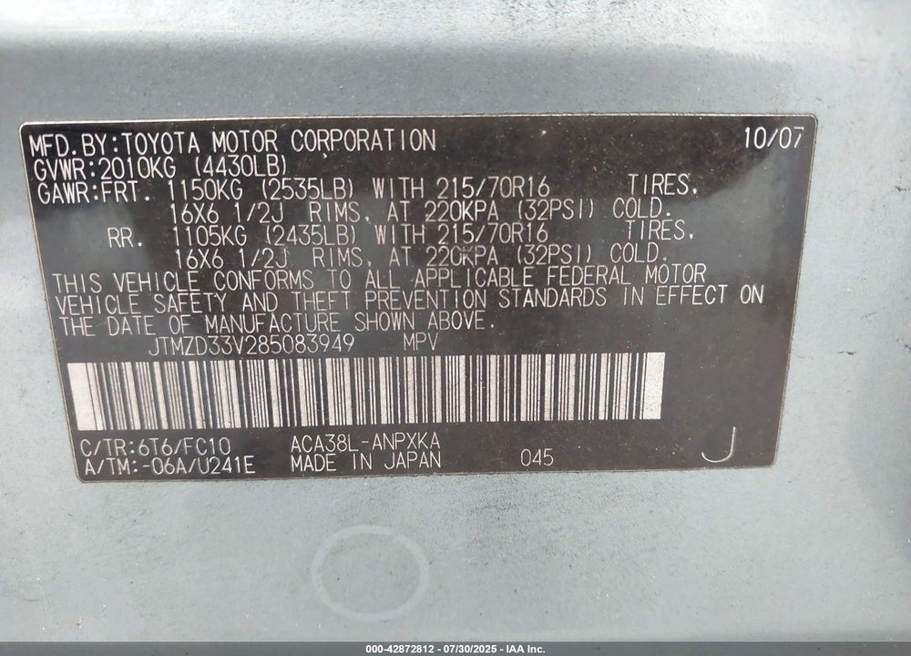 2008 TOYOTA RAV4 VIN: JTMZD33V285083949