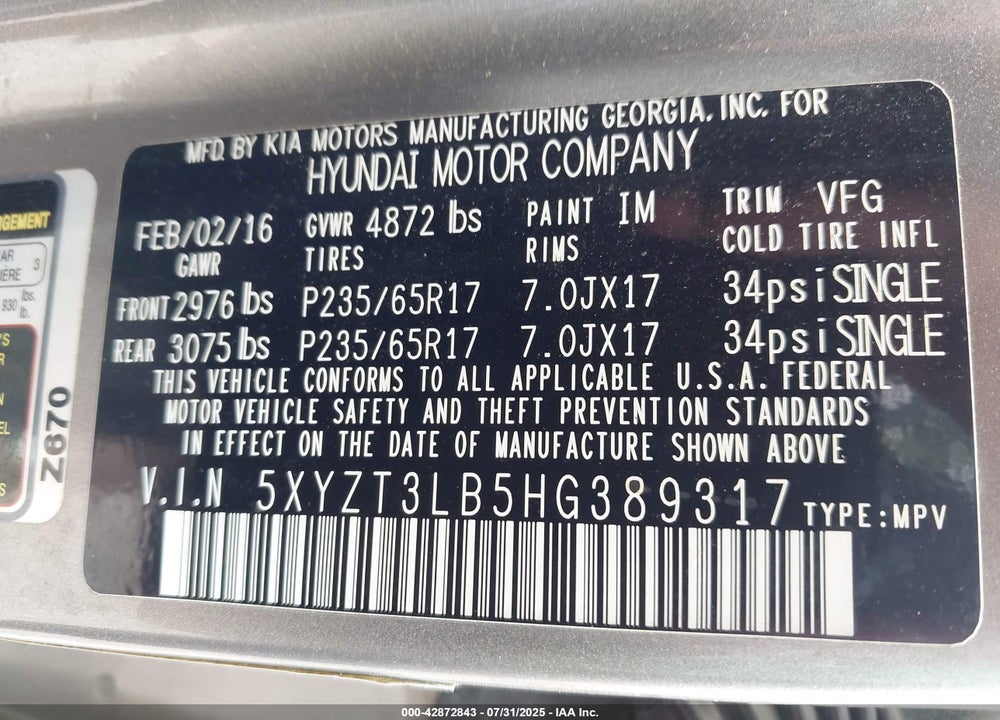 2017 HYUNDAI SANTA FE VIN: 5XYZT3LB5HG389317
