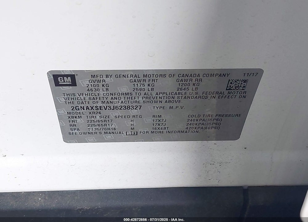 2018 CHEVROLET EQUINOX LT VIN: 2GNAXSEV3J6238327