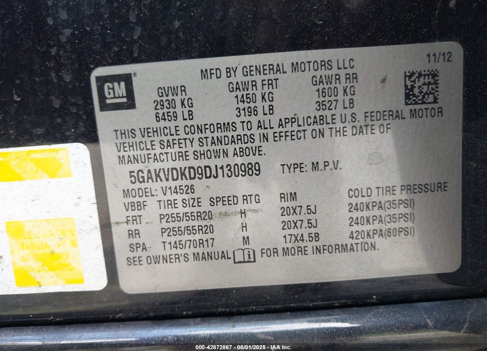 2013 BUICK ENCLAVE PREMIUM VIN: 5GAKVDKD9DJ130989