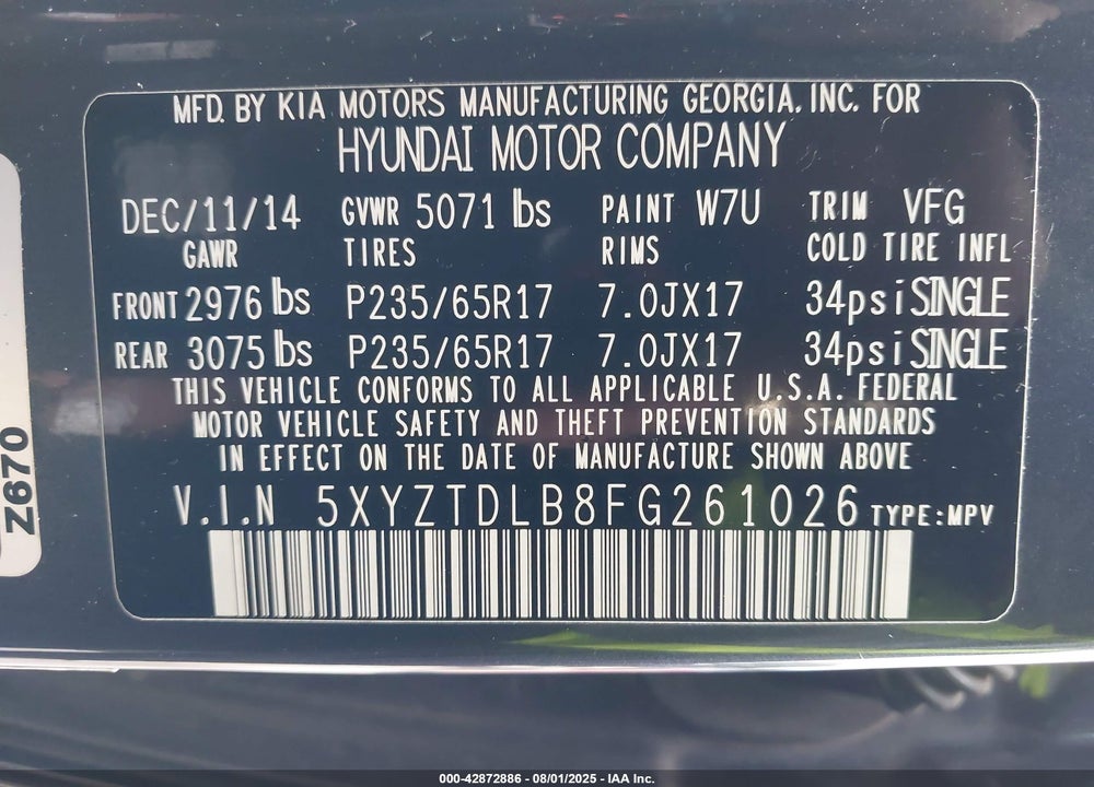 2015 HYUNDAI SANTA FE VIN: 5XYZTDLB8FG261026