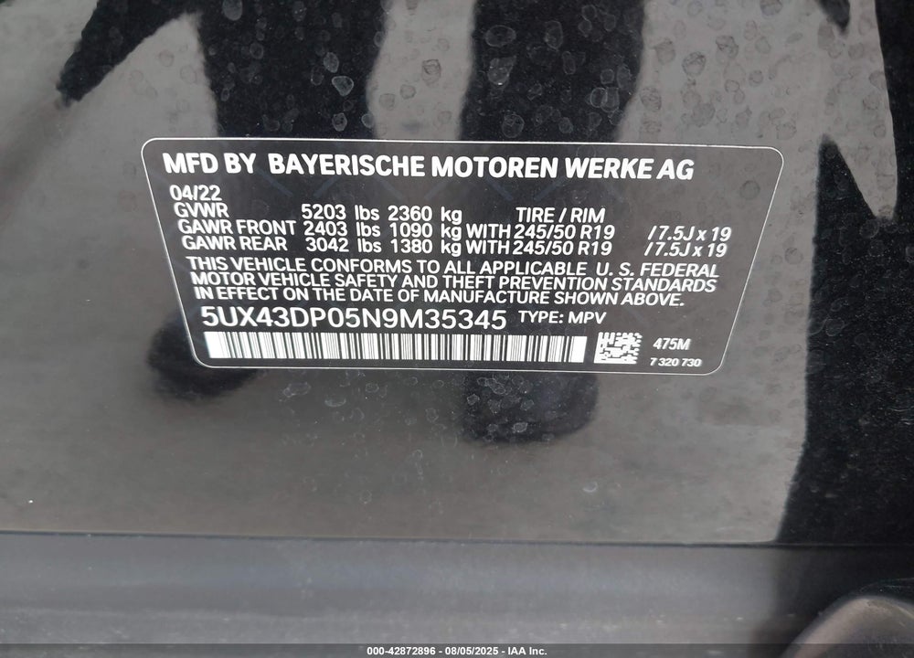 2022 BMW X3 VIN: 5UX43DP05N9M35345