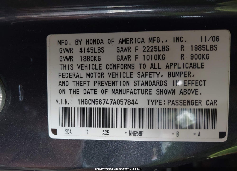 2007 HONDA ACCORD VIN: 1HGCM56747A057844