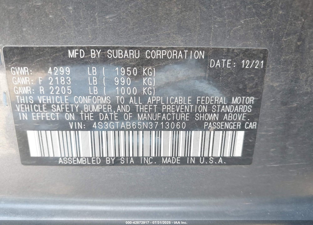 2022 SUBARU IMPREZA VIN: 4S3GTAB65N3713060