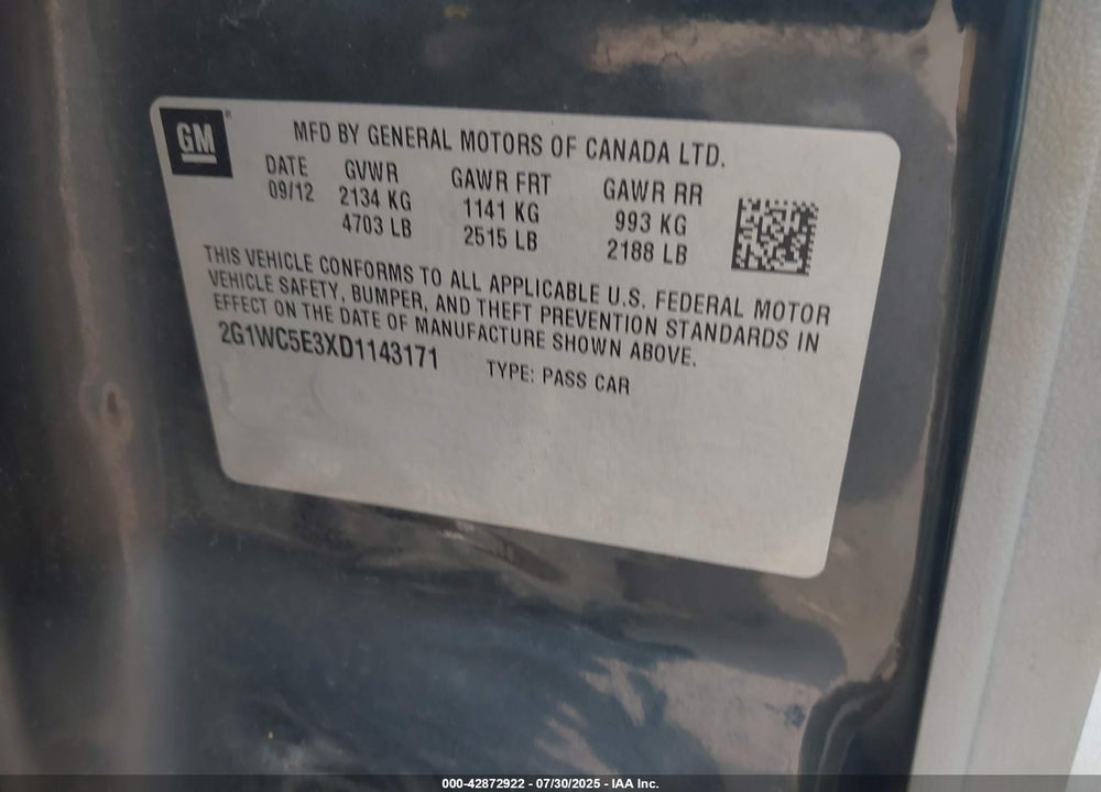 2013 CHEVROLET IMPALA VIN: 2G1WC5E3XD1143171