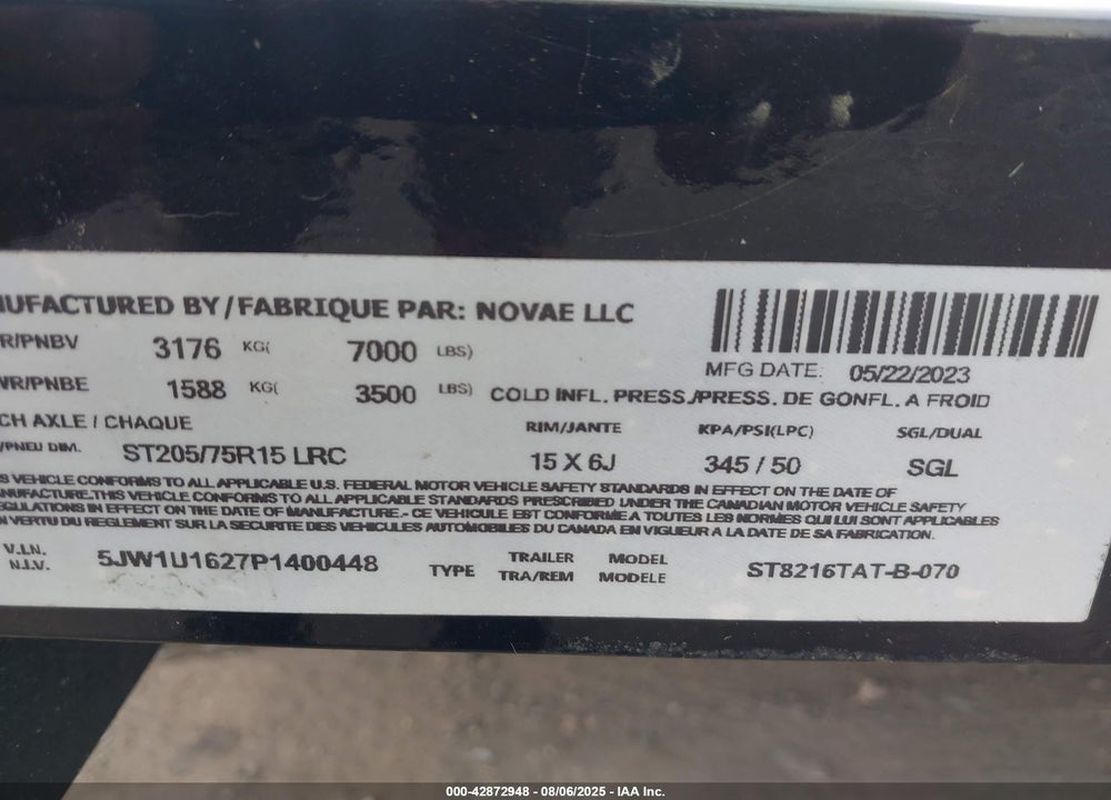 2023 FABRIQUE TANDOM AXLE VIN: 5JW1U1627P1400448