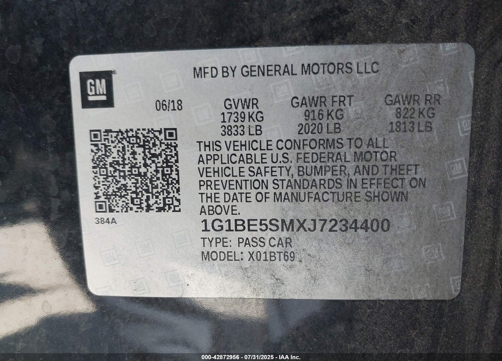 2018 CHEVROLET CRUZE VIN: 1G1BE5SMXJ7234400