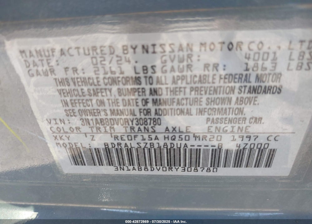2024 NISSAN SENTRA SR XTRONIC CVT VIN: 3N1AB8DV0RY308780