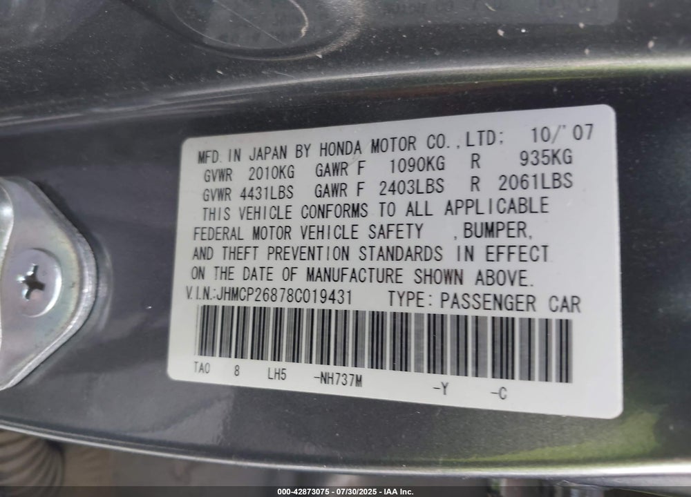 2008 HONDA ACCORD 2.4 EX-L VIN: JHMCP26878C019431