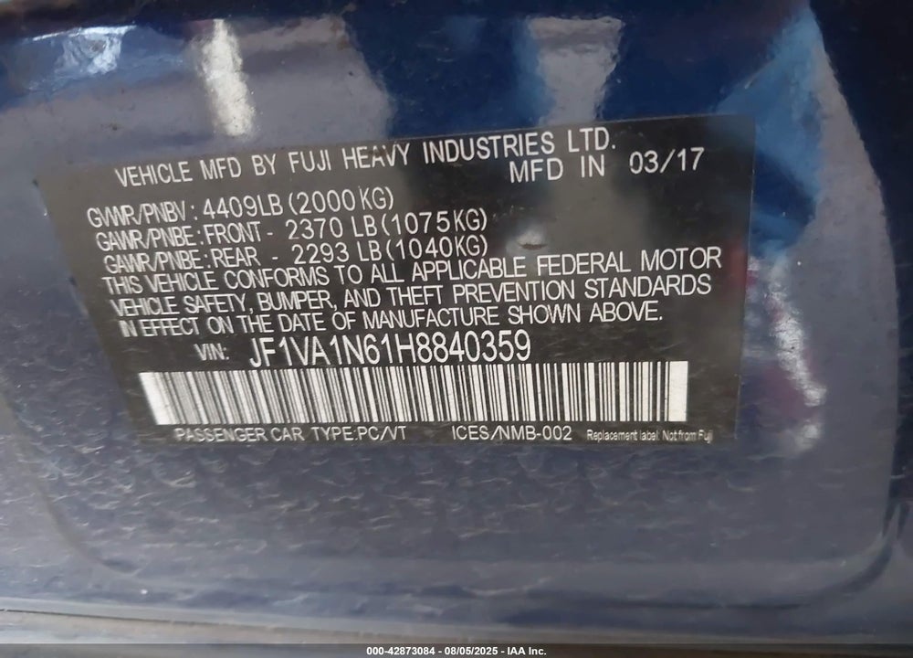 2017 SUBARU WRX LIMITED VIN: JF1VA1N61H8840359