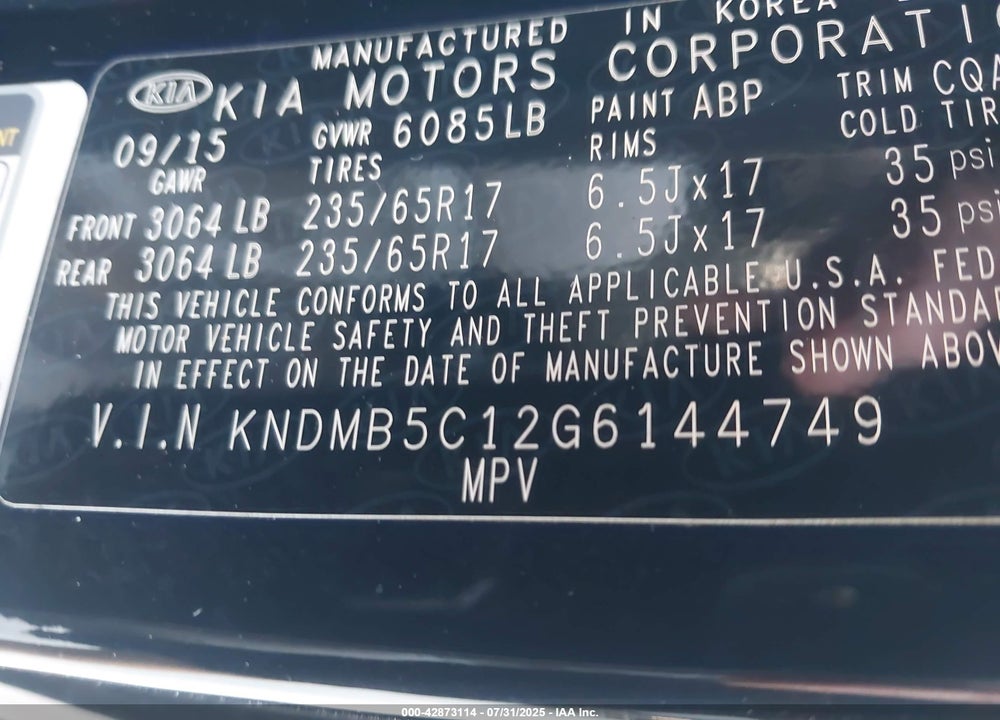 2016 KIA SEDONA LX VIN: KNDMB5C12G6144749