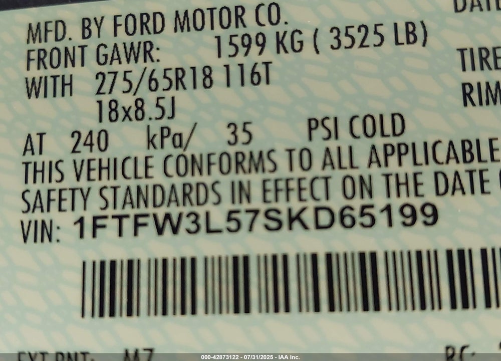 2025 FORD F-150 VIN: 1FTFW3L57SKD65199