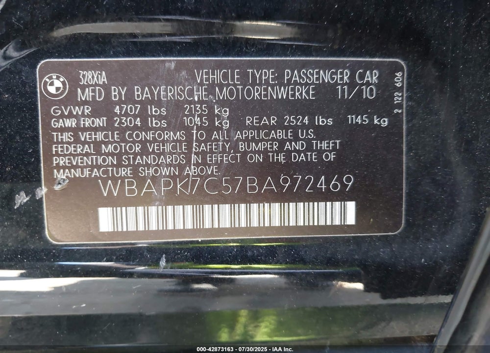 2011 BMW 3 SERIES VIN: WBAPK7C57BA972469
