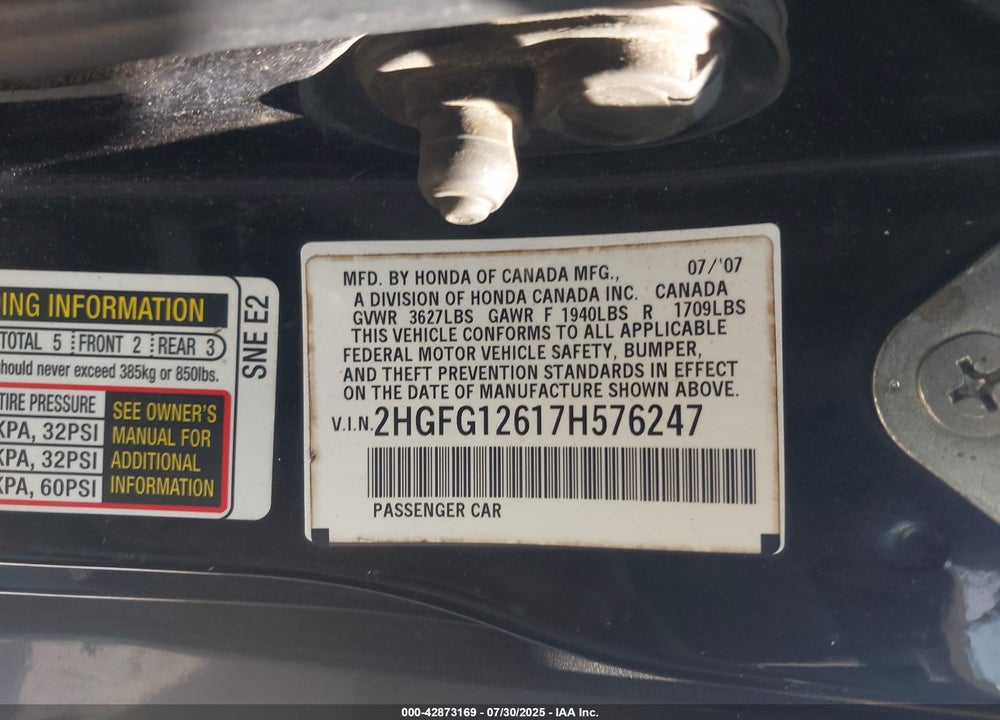 2007 HONDA CIVIC LX VIN: 2HGFG12617H576247