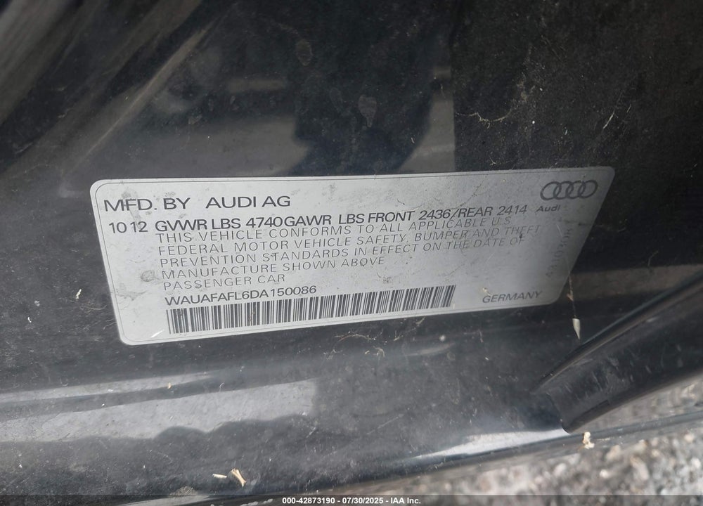 2013 AUDI A4 VIN: WAUAFAFL6DA150086