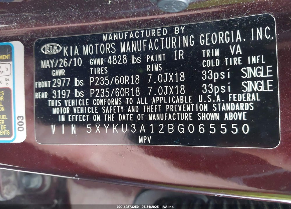 2011 KIA SORENTO VIN: 5XYKU3A12BG065550