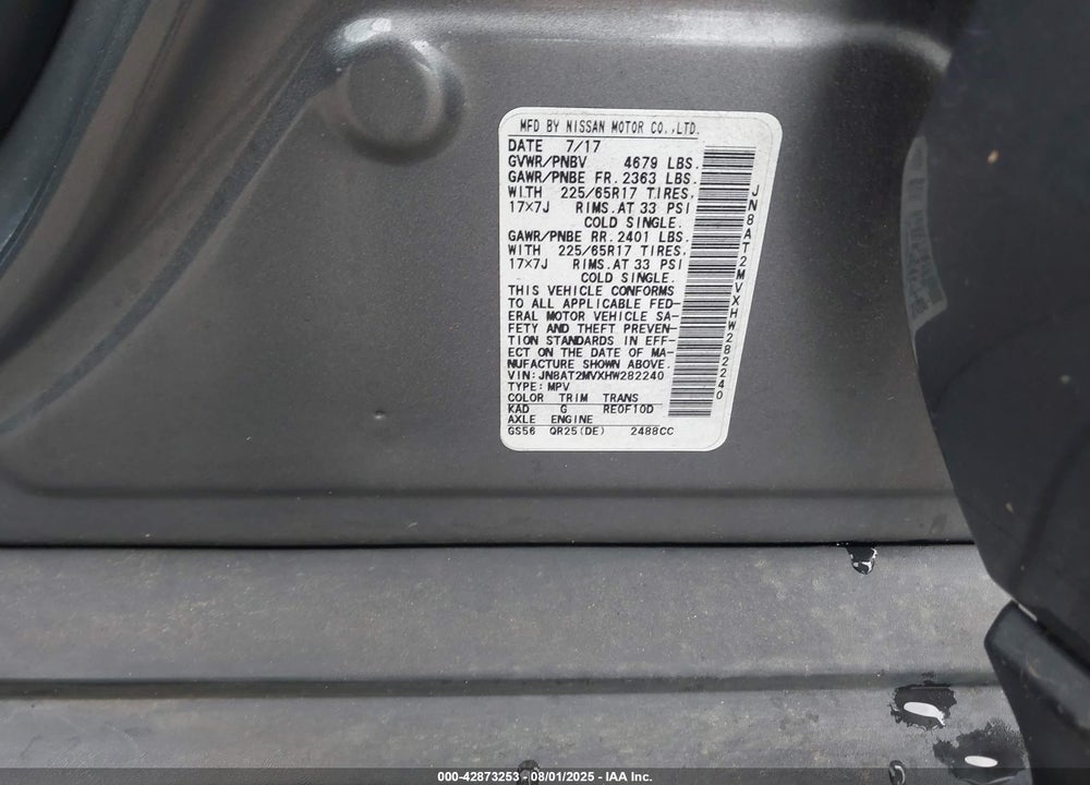 2017 NISSAN ROGUE VIN: JN8AT2MVXHW282240