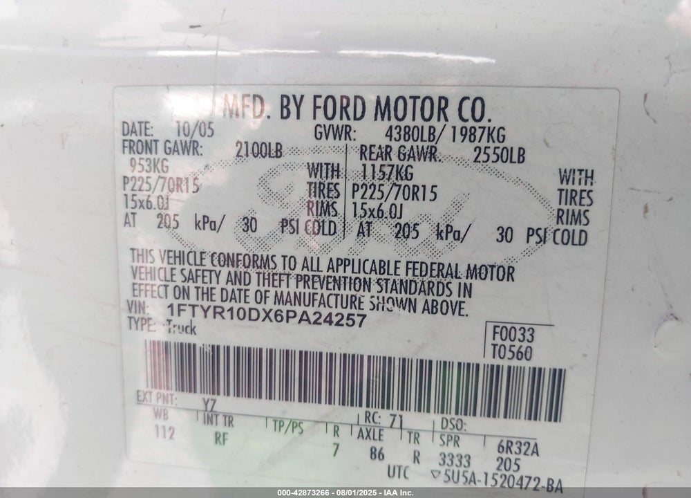 2006 FORD RANGER XL/XLT VIN: 1FTYR10DX6PA24257