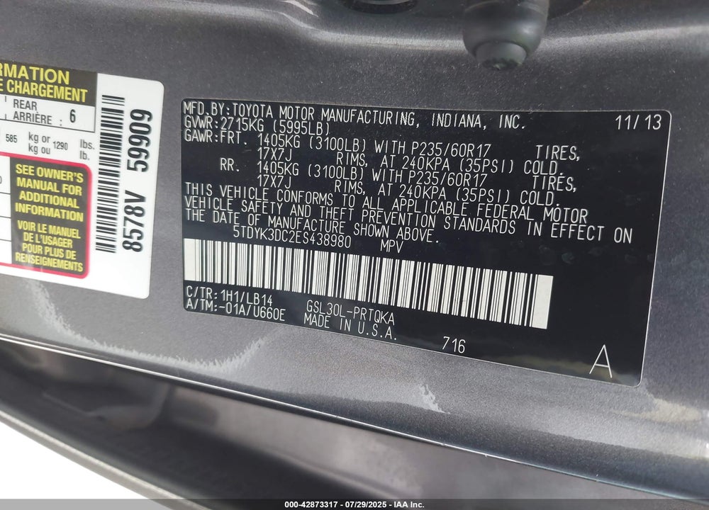 2014 TOYOTA SIENNA VIN: 5TDYK3DC2ES438980