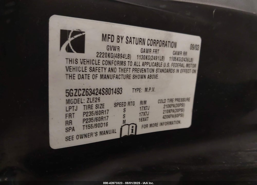 2004 SATURN VUE V6 VIN: 5GZCZ63424S801493