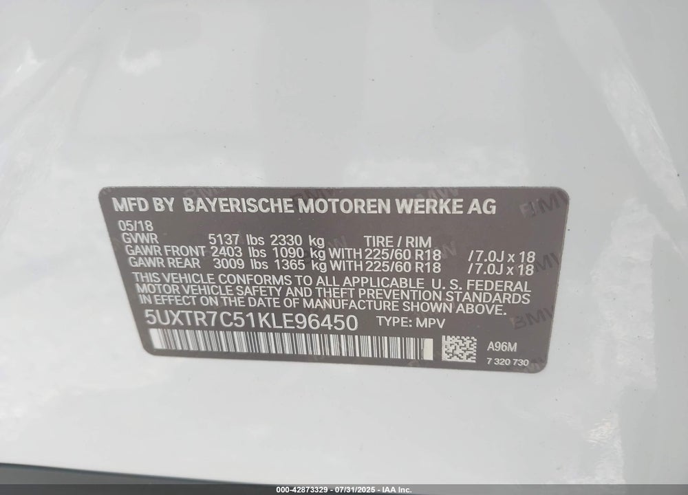 2019 BMW X3 VIN: 5UXTR7C51KLE96450