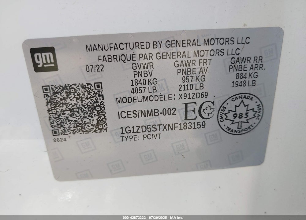 2022 CHEVROLET MALIBU VIN: 1G1ZD5STXNF183159