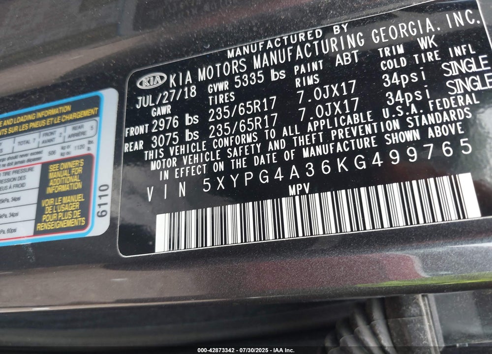 2019 KIA SORENTO VIN: 5XYPG4A36KG499765
