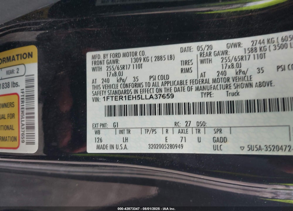 2020 FORD RANGER XL VIN: 1FTER1EH5LLA37659