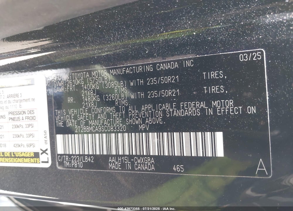 2025 LEXUS RX 350H VIN: 2T2BBMCA9SC083320