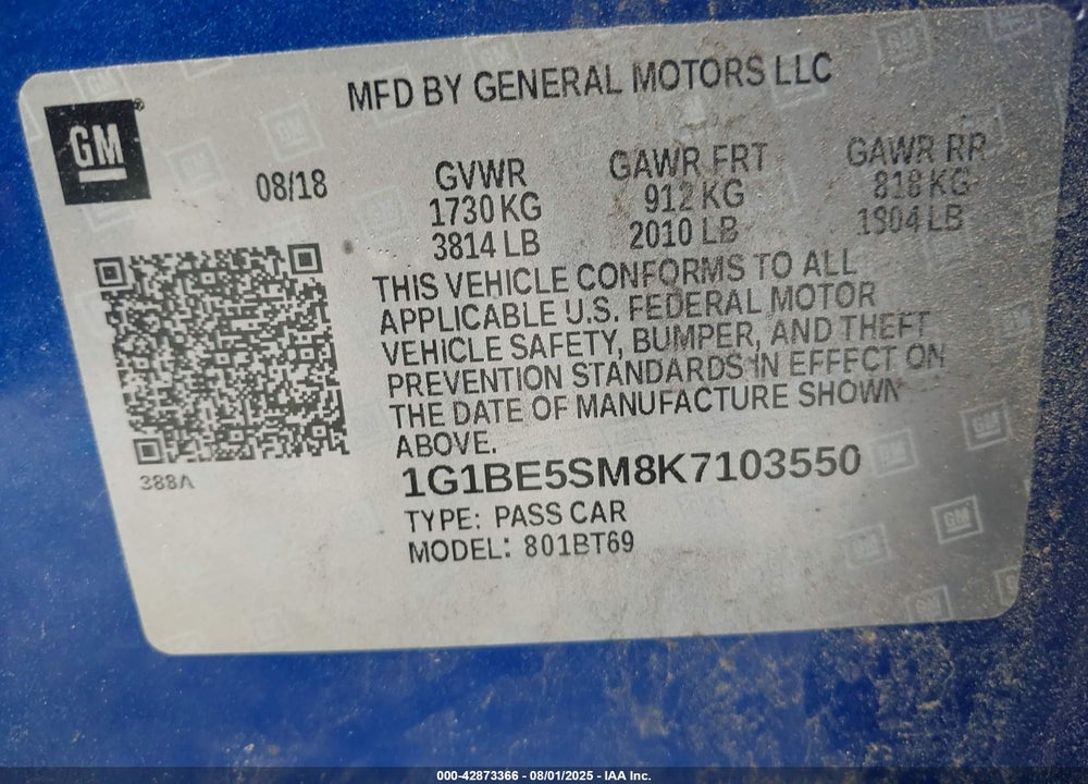 2019 CHEVROLET CRUZE LT VIN: 1G1BE5SM8K7103550