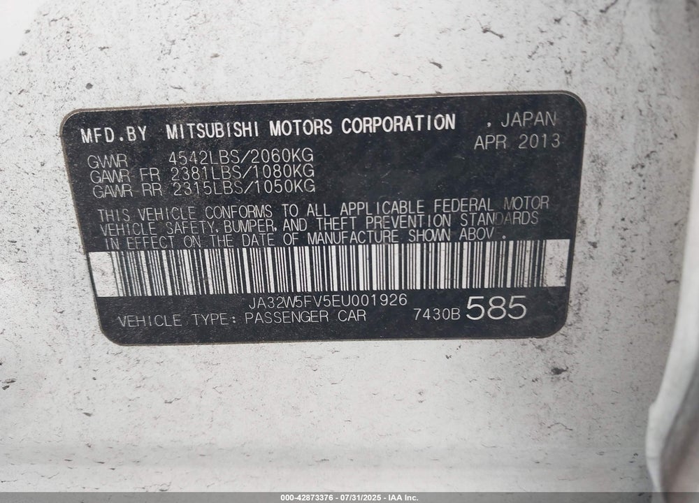 2014 MITSUBISHI LANCER EVOLUTION VIN: JA32W5FV5EU001926