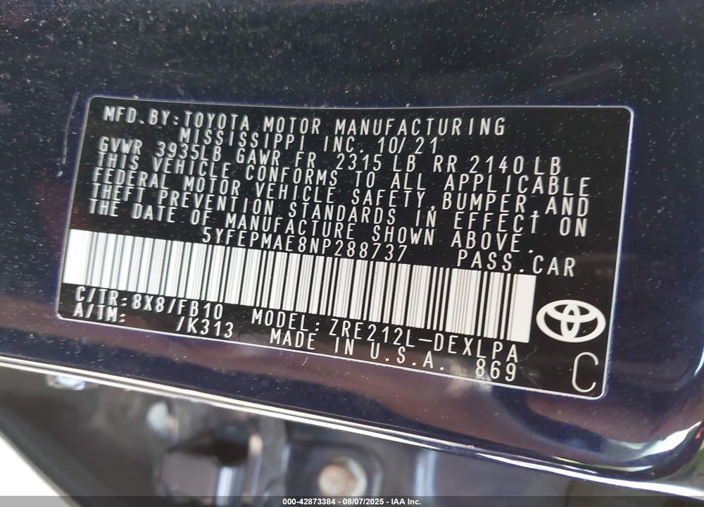 2022 TOYOTA COROLLA VIN: 5YFEPMAE8NP288737