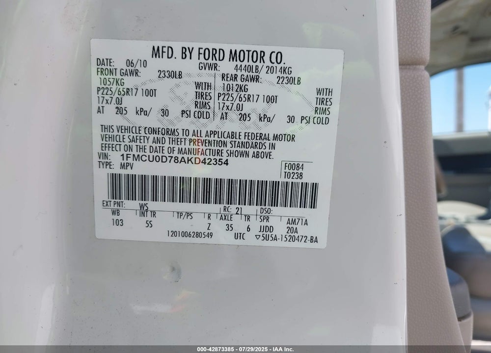 2010 FORD ESCAPE VIN: 1FMCU0D78AKD42354