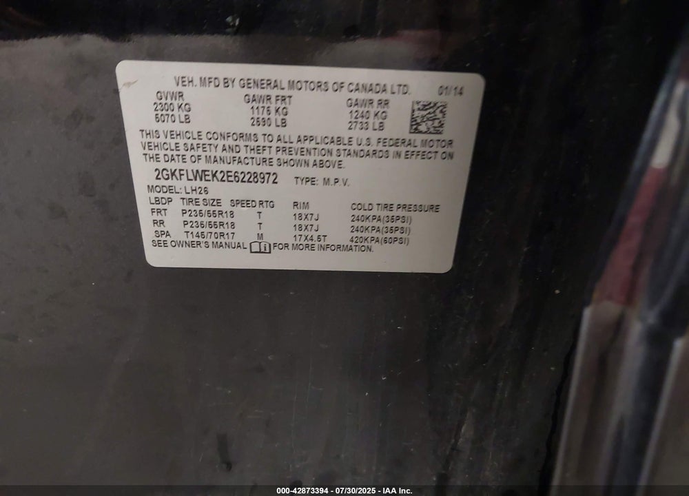 2014 GMC TERRAIN SLE-2 VIN: 2GKFLWEK2E6228972