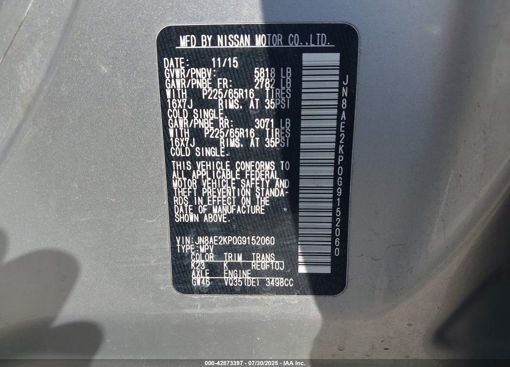 2016 NISSAN QUEST VIN: JN8AE2KP0G9152060