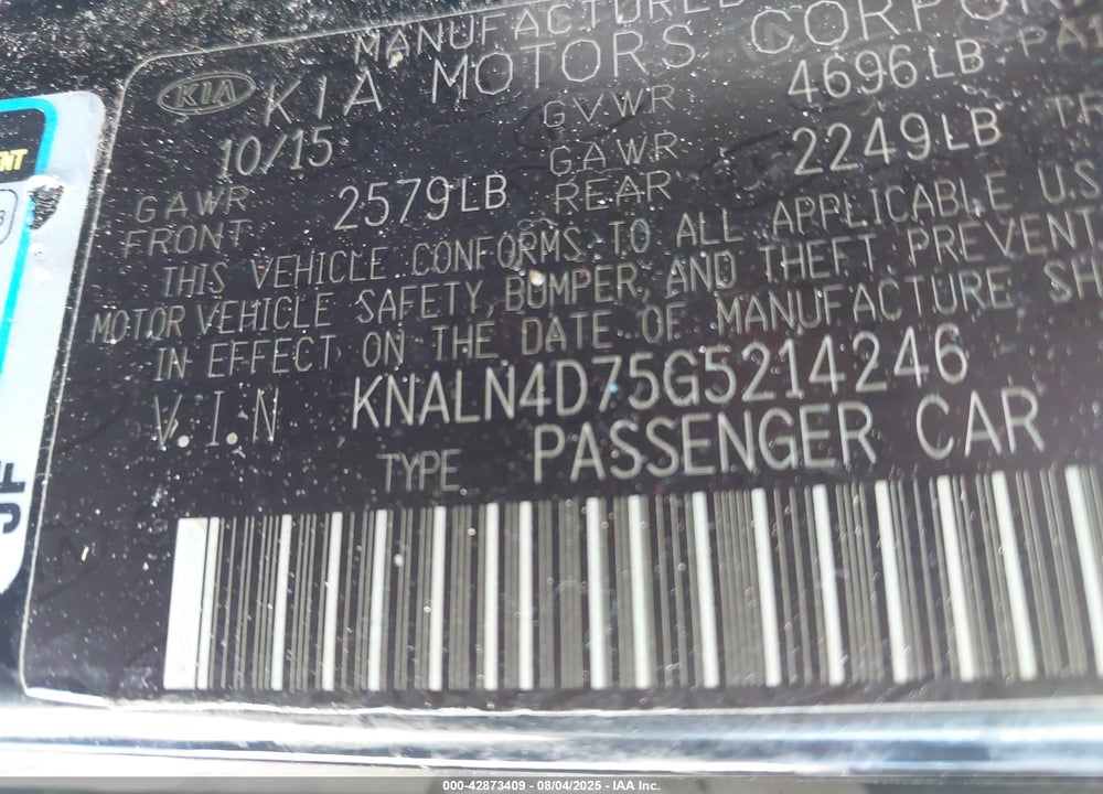2016 KIA CADENZA VIN: KNALN4D75G5214246