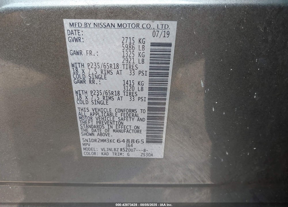 2019 NISSAN PATHFINDER VIN: 5N1DR2MM3KC648865