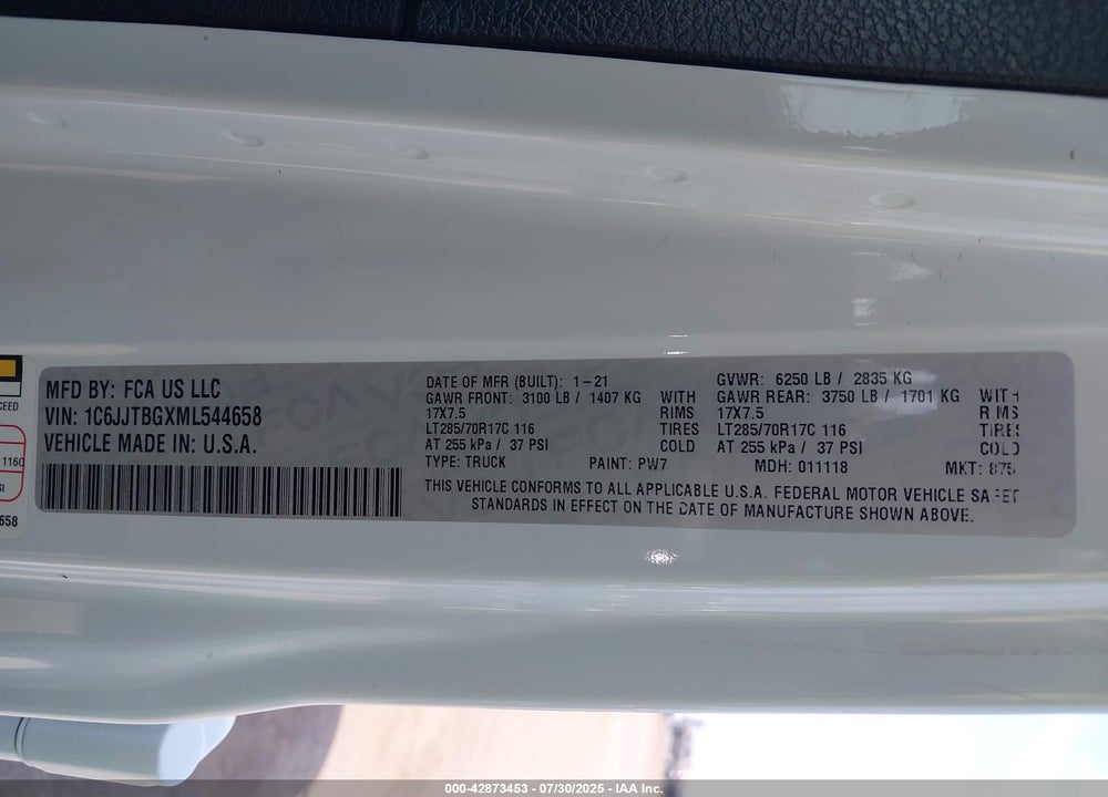 2021 JEEP GLADIATOR VIN: 1C6JJTBGXML544658