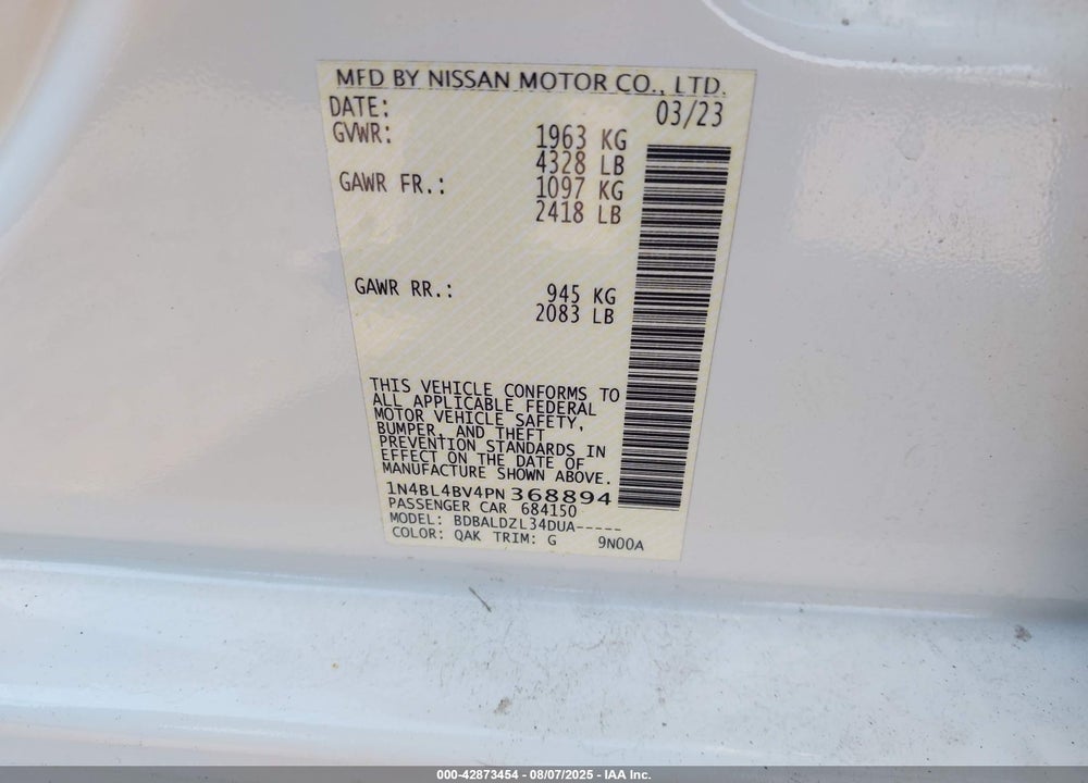 2023 NISSAN ALTIMA S FWD VIN: 1N4BL4BV4PN368894