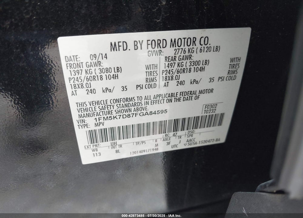 2015 FORD EXPLORER XLT VIN: 1FM5K7D87FGA84595
