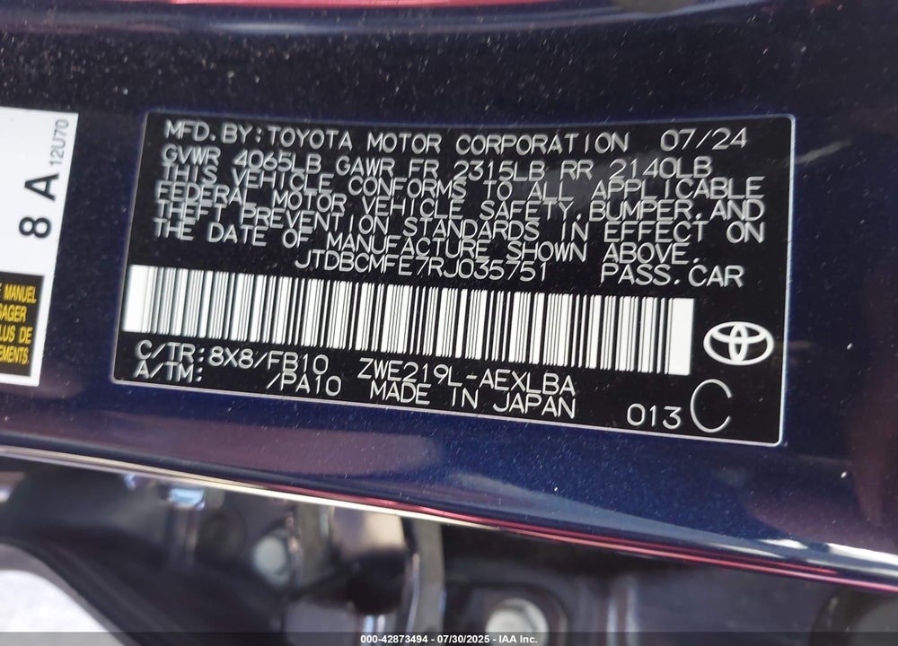 2024 TOYOTA COROLLA VIN: JTDBCMFE7RJ035751
