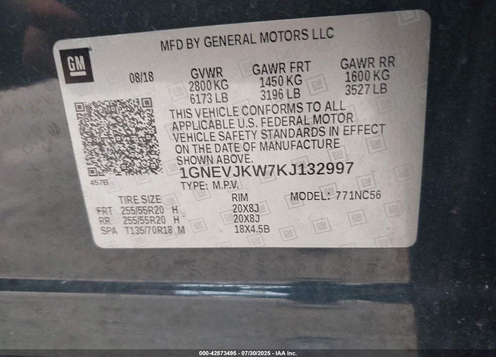 2019 CHEVROLET TRAVERSE VIN: 1GNEVJKW7KJ132997