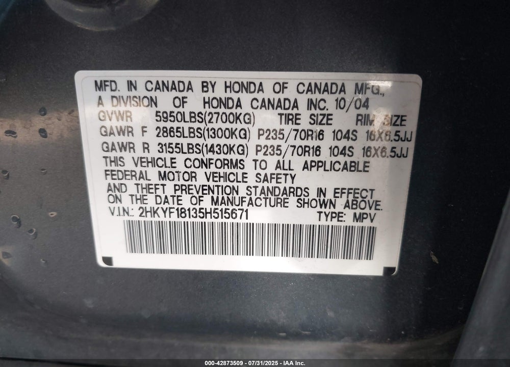2005 HONDA PILOT LX VIN: 2HKYF18135H515671