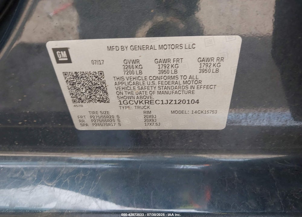2018 CHEVROLET SILVERADO 1500 VIN: 1GCVKREC1JZ120104