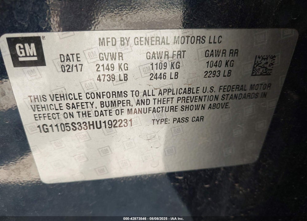 2017 CHEVROLET IMPALA VIN: 1G1105S33HU192231