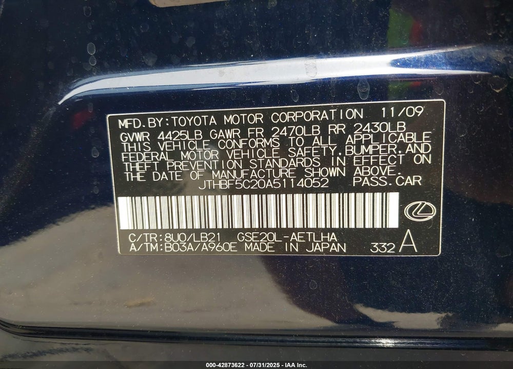 2010 LEXUS IS 250 VIN: JTHBF5C20A5114052